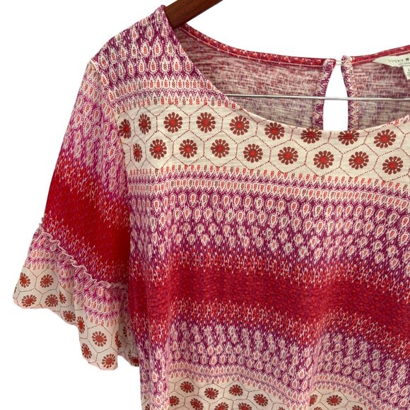 Lucky Brand Women's Top Size Large Red Multicolored Pattern Ruffled Sleeves - Picture 3 of 8